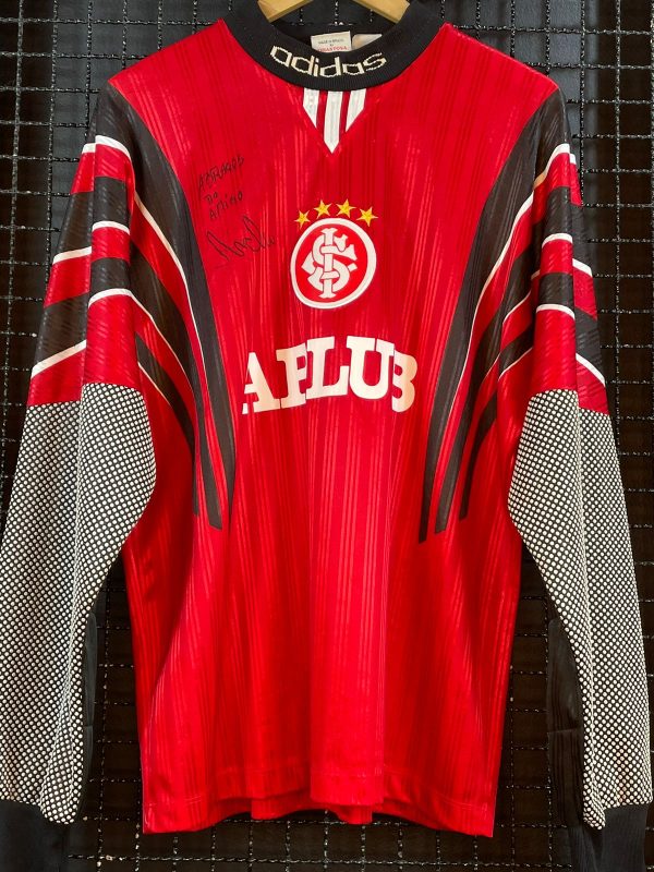 Camisa Internacional Adidas 1997 goleiro mangas longas André vermelha autografada